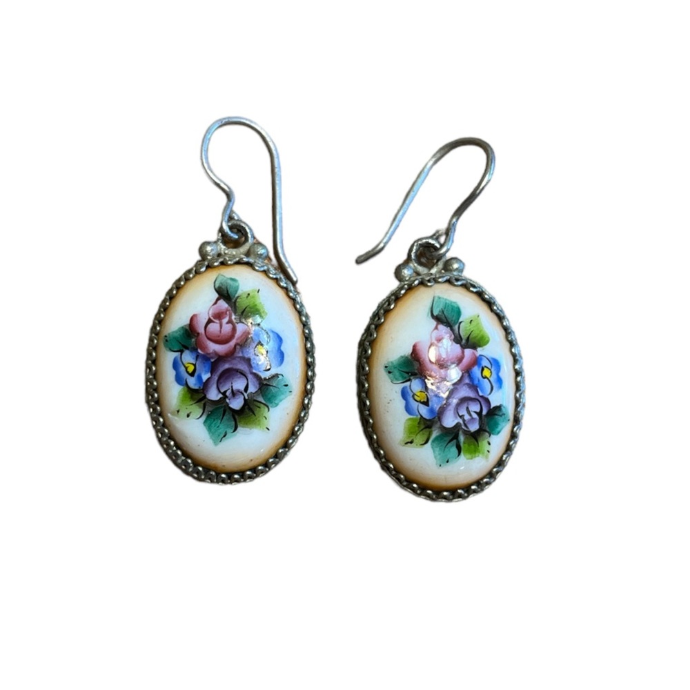 Vintage Russian Porcelain Painted Floral Earrings